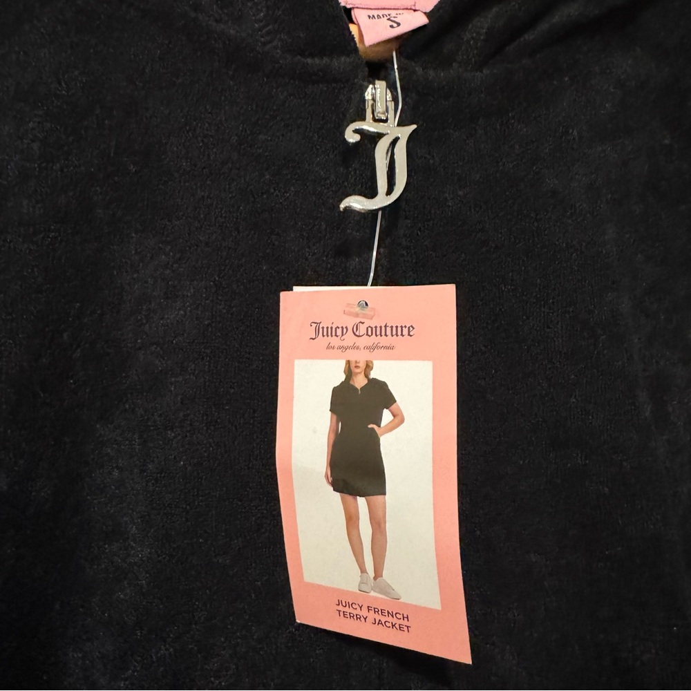 NEW Juicy Couture French Terry Short Sleeve Zip Front Hoodie Rhinestones Black - Picture 4 of 7